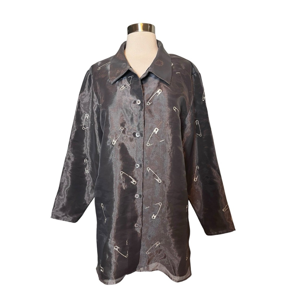 Christian Francis Roth Women's Button Up Shirt Size Large Gray Embroidered